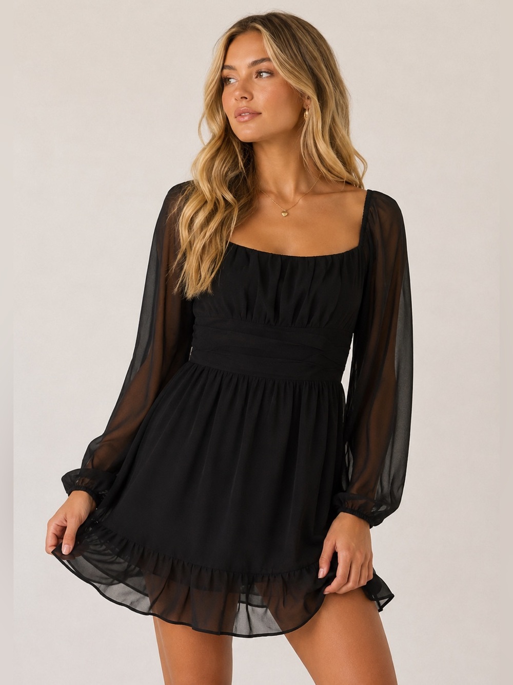 Windsor Black Sheer Sleeve Peasant Mini Dress Square Neck NWT M